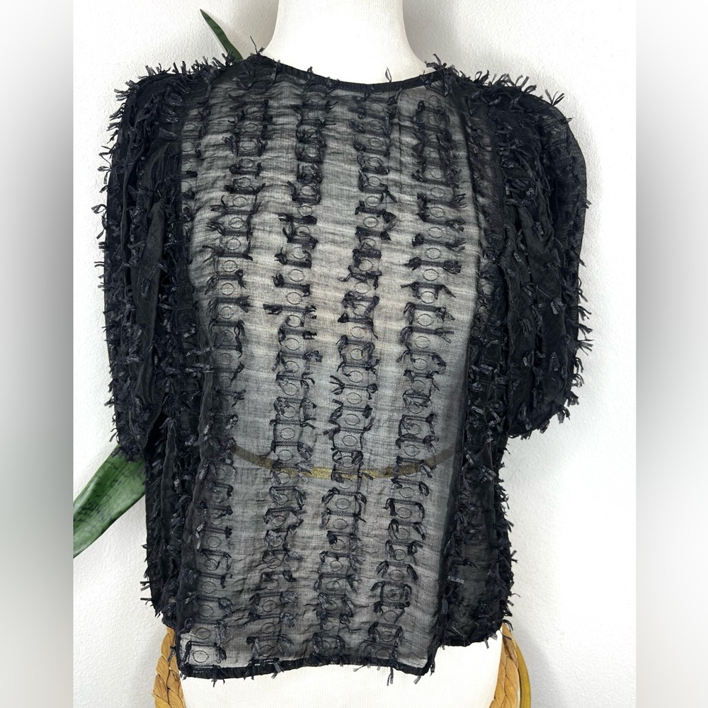 Zara top Black Eyelash Fringe Balloon Sleeve Blouse short sleeve women’s shirt - Picture 3 of 5